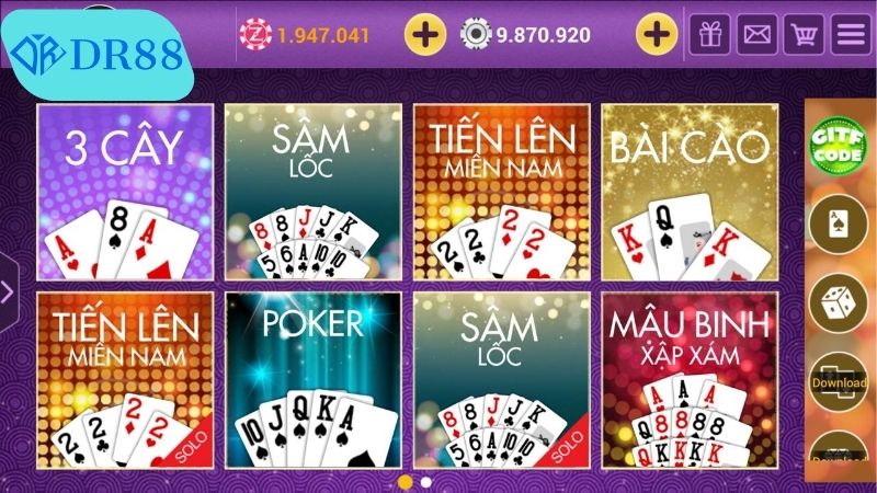 Các trò chơi nổi bật khi Trải nghiệm sòng bài thật DR88